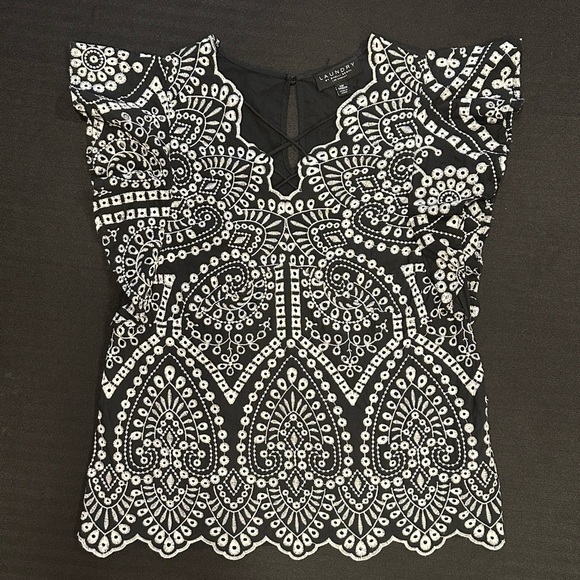 Laundry By Shelli Segal Tops - Laundry By Shelli Segal Black Top with White Embroidery